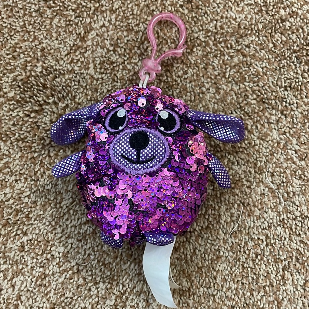 4” Backpack Clip Delilah dog Shimmeez plush purple sequin